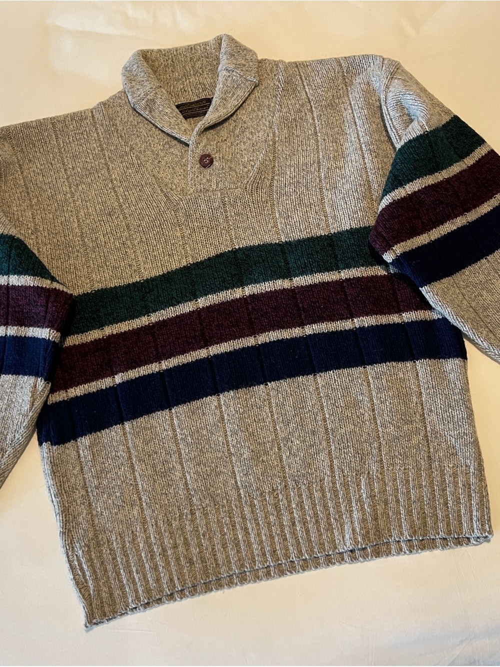 Eddie Bauer Gray Shawl Collar Sweater with Green, Maroon & Navy Stripes